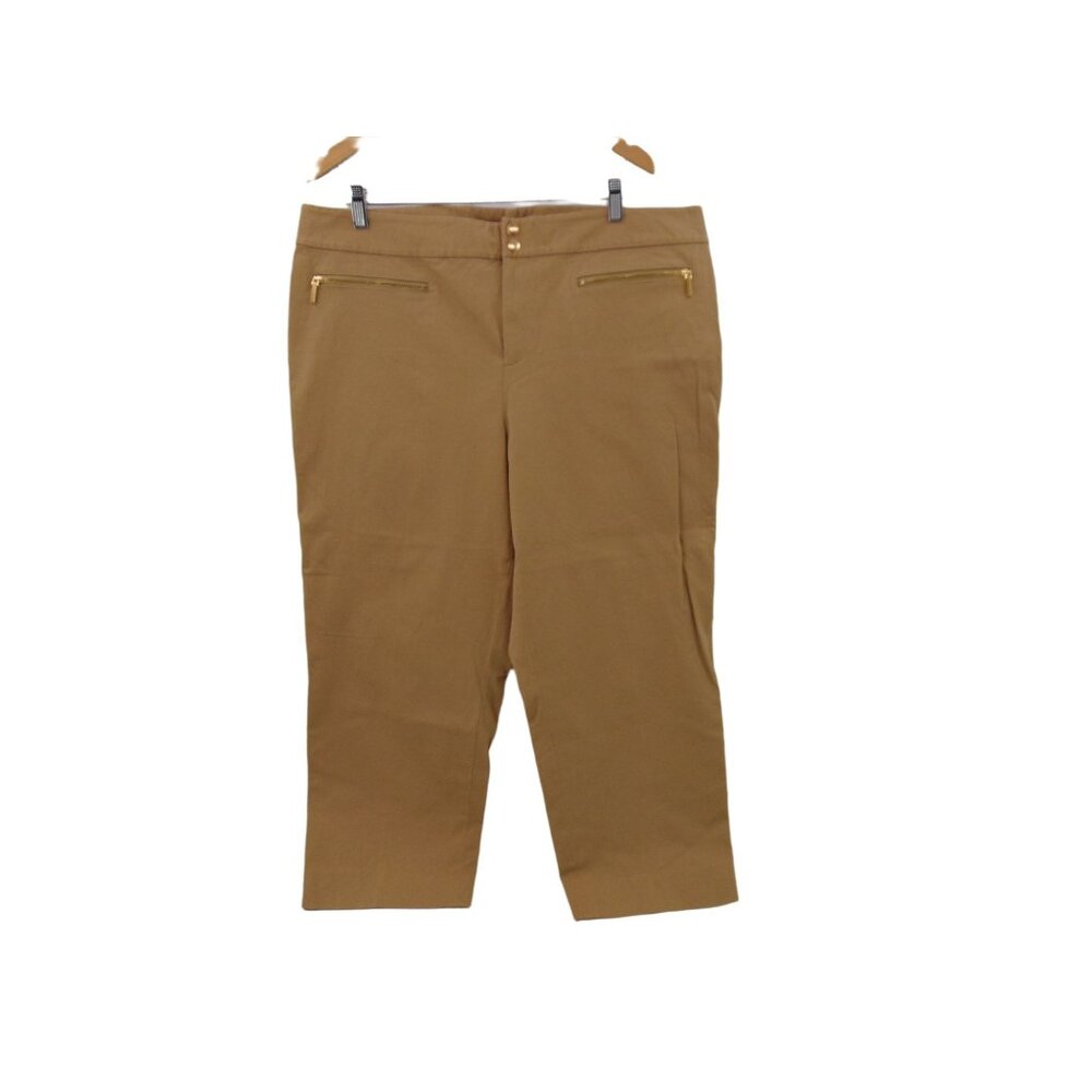 Lauren Ralph Womens Tan Cropped Pants 18W Plus Flat Front Gold Zippers Stretch